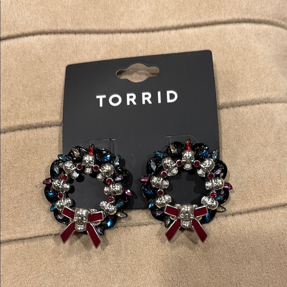 Torrid Red and Blue Rhinestone Skull Wreath Earrings NWT